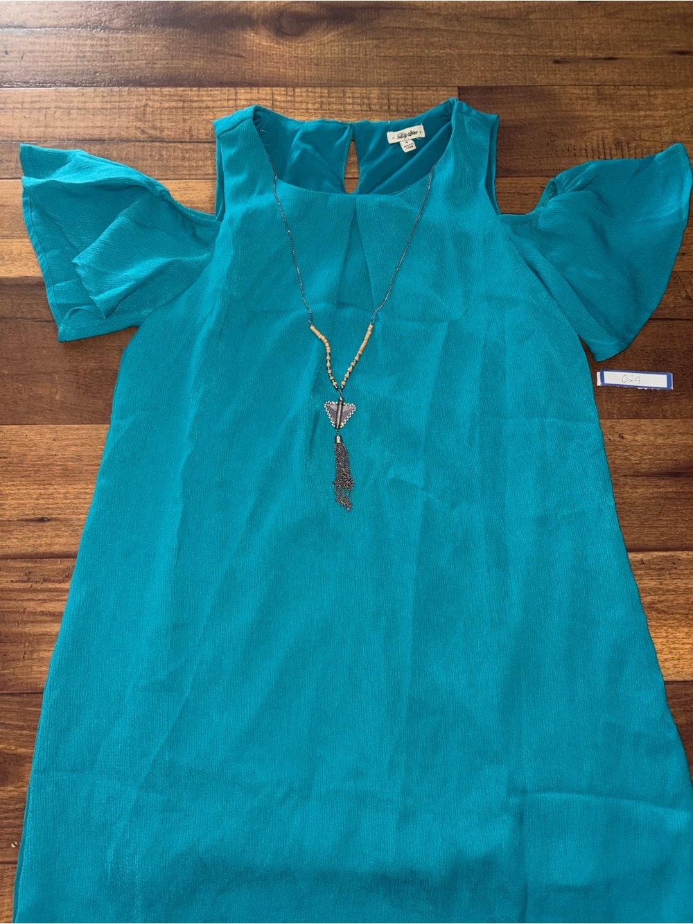 Lily Star Teal Cold-Shoulder Dress with Pendant Necklace